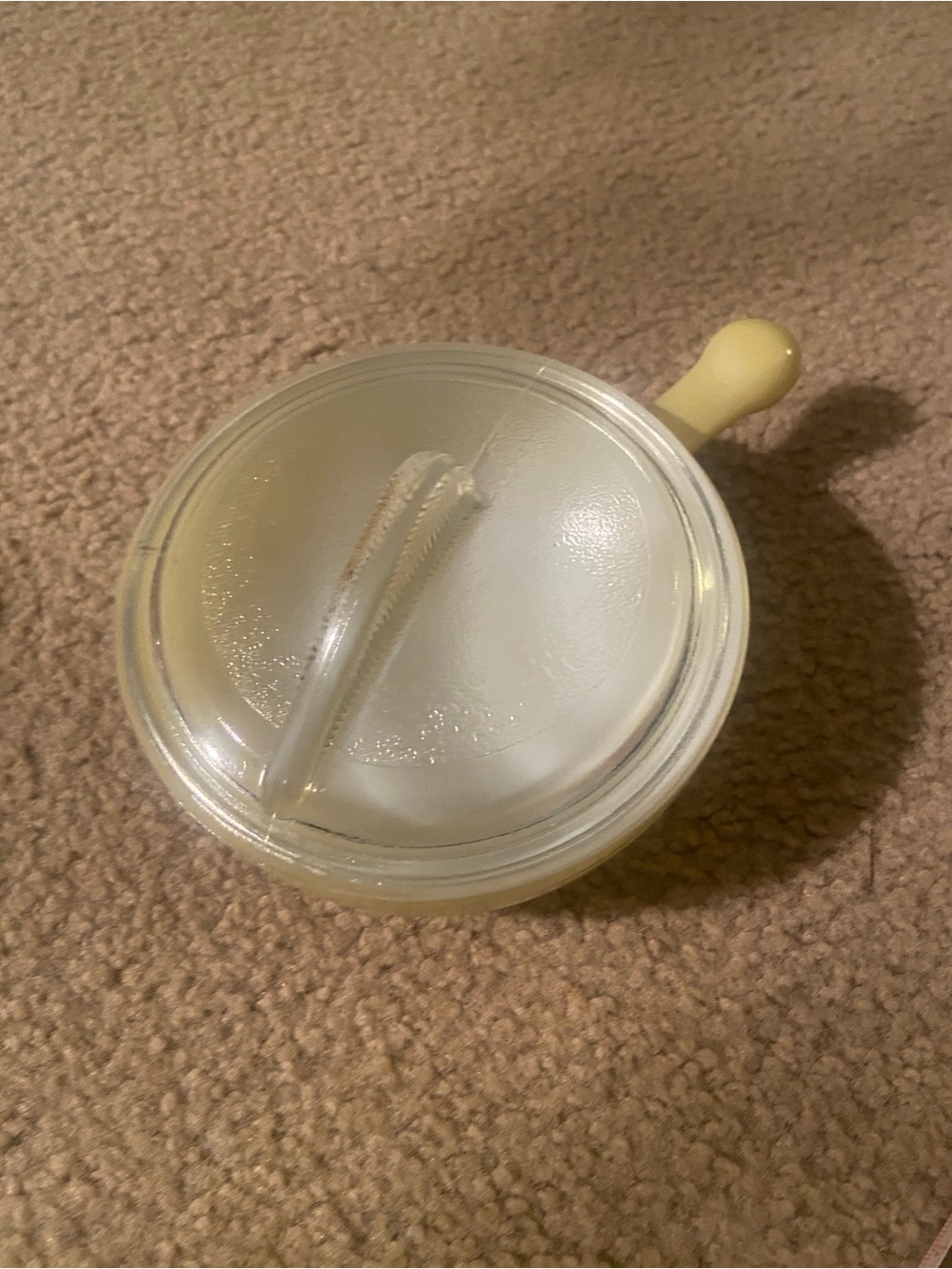 Glasbake handled yellow casserole with lid